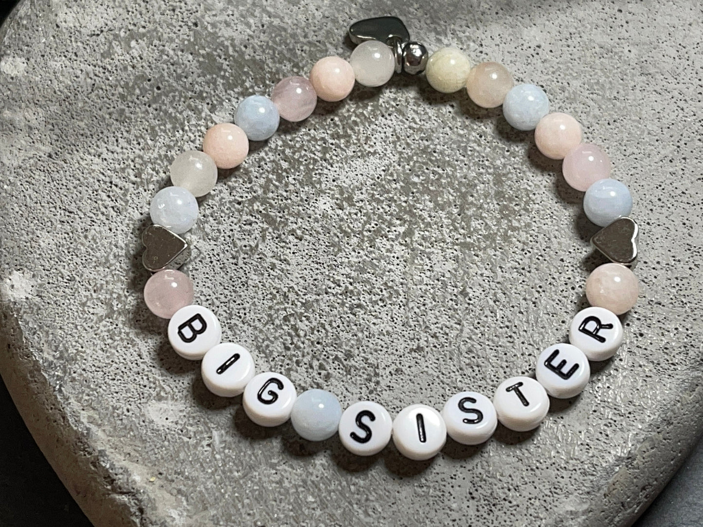 Armband Morganit Big Sister Herzen Platiniert - Geschenk Schwesterherz Große Schwester Geburt Geschwisterkind - diverse Edelsteine anpassbar
