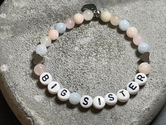 Armband Morganit Big Sister Herzen Platiniert - Geschenk Schwesterherz Große Schwester Geburt Geschwisterkind - diverse Edelsteine anpassbar