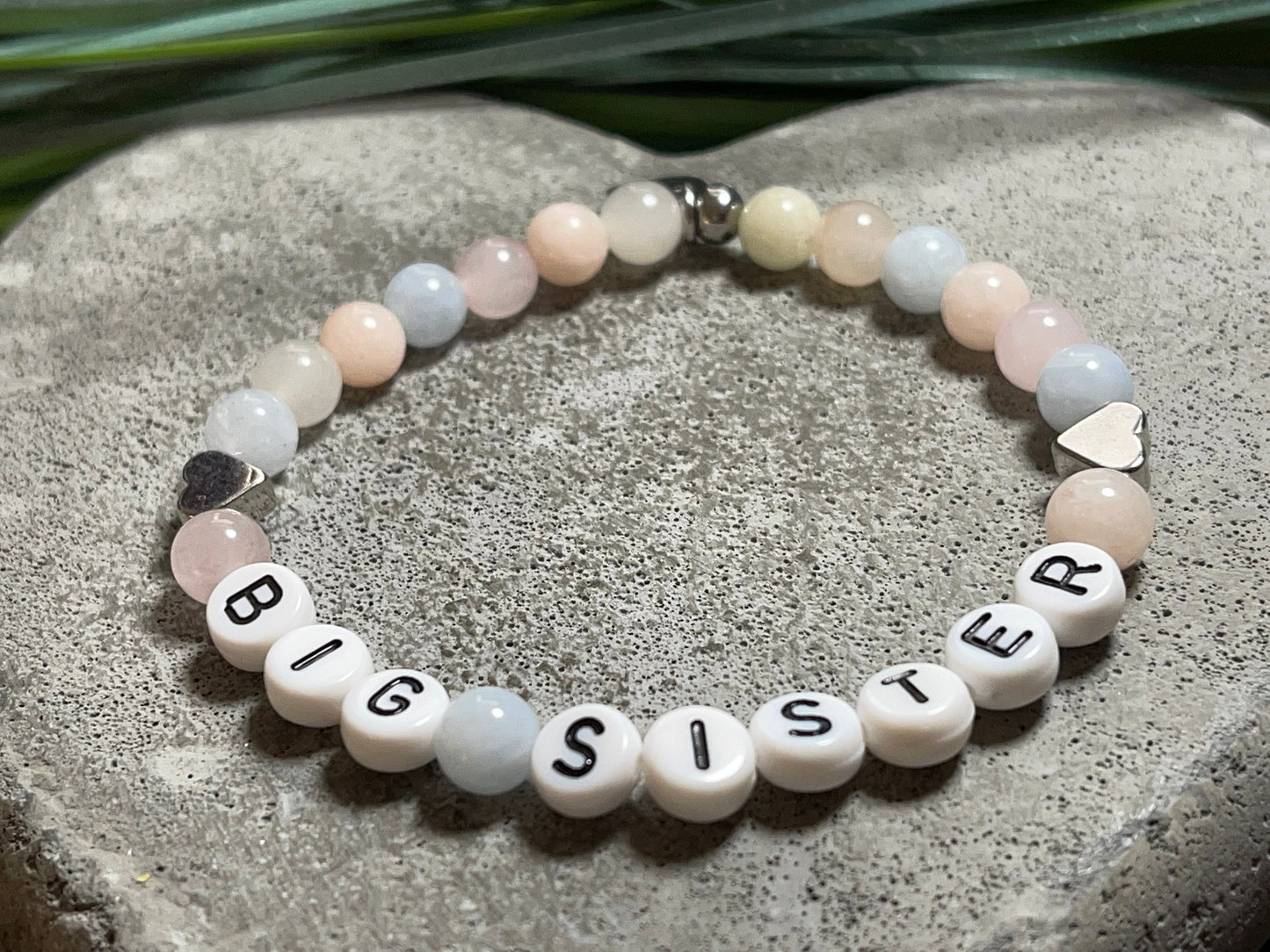Armband Morganit Big Sister Herzen Platiniert - Geschenk Schwesterherz Große Schwester Geburt Geschwisterkind - diverse Edelsteine anpassbar