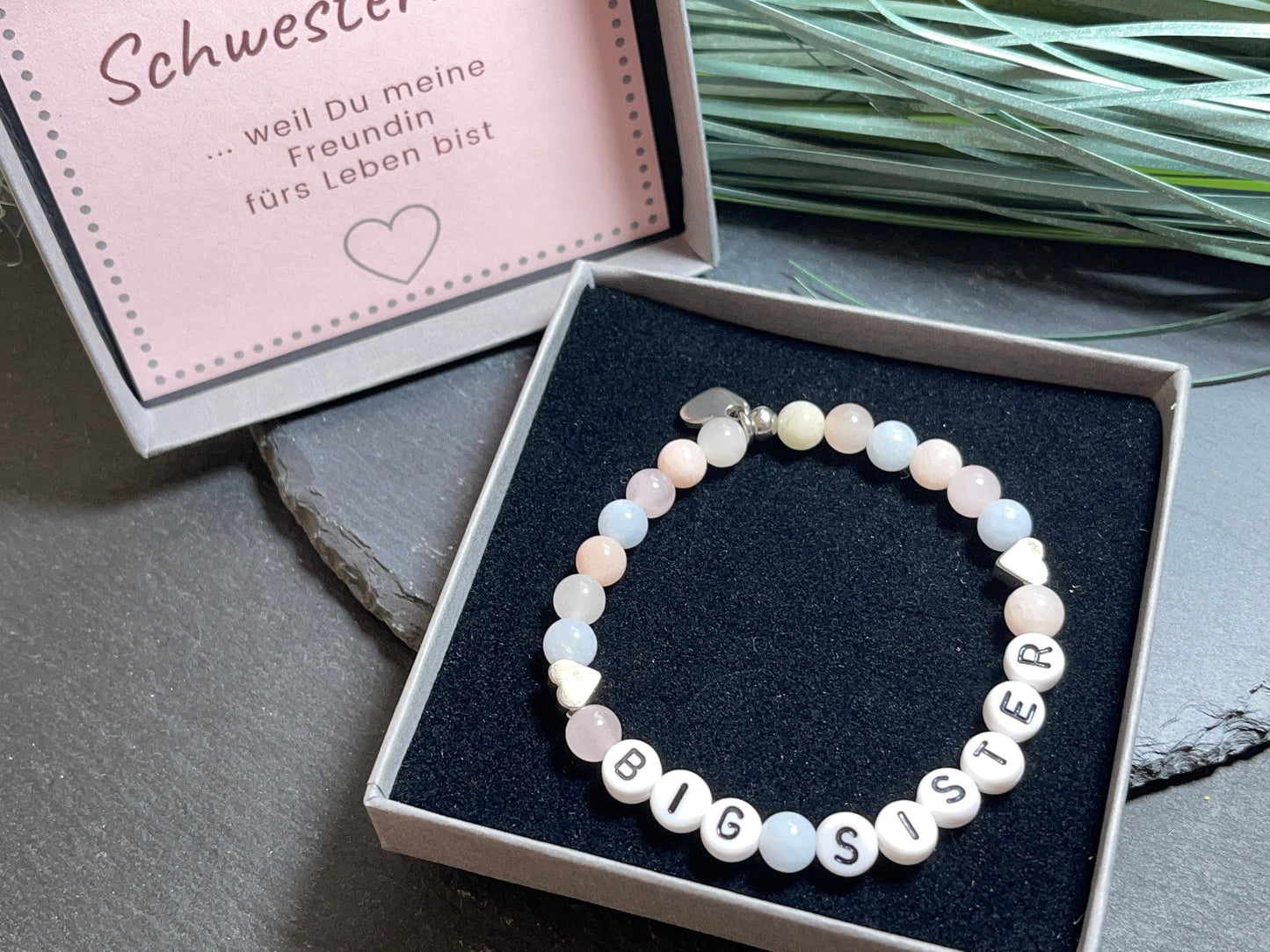 Armband Morganit Big Sister Herzen Platiniert - Geschenk Schwesterherz Große Schwester Geburt Geschwisterkind - diverse Edelsteine anpassbar