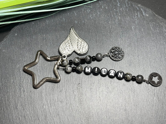 Schlüsselanhänger Edelstein Perlen echt bis 5 Namen Labradorit Edelstahl - Geschenk Mama Oma Liebe Papa Lieblingsmensch - personalisierbar