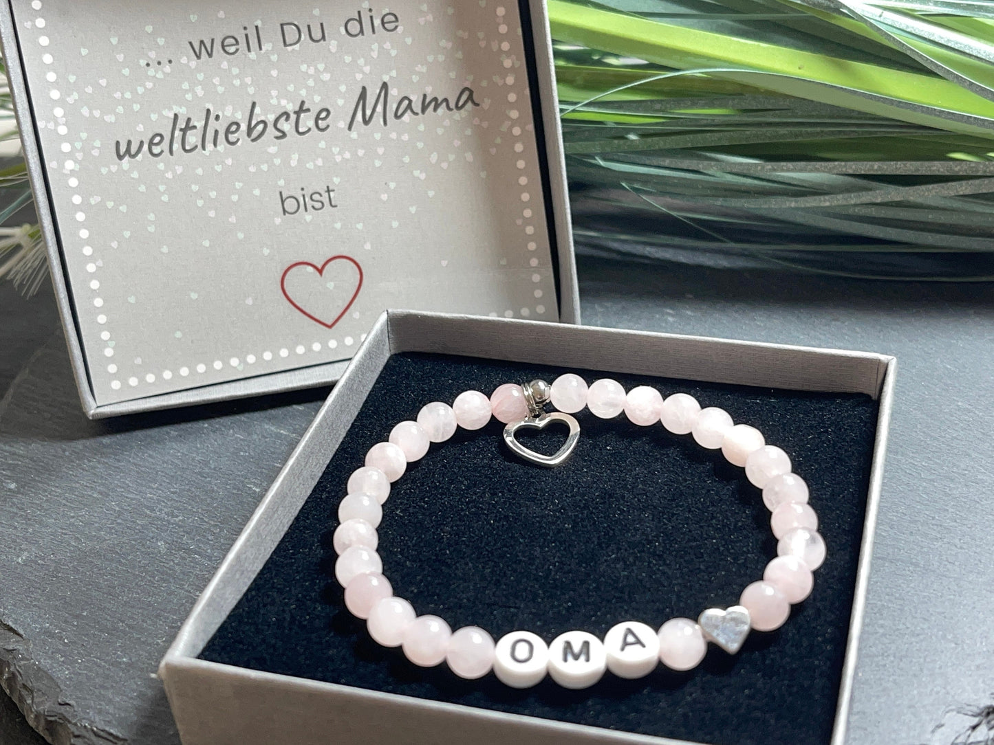 Perlenarmband Rosenquarz Oma - Geschenk Mama Geburt Liebe Andenken Lieblingsmensch Taufe - Wunschedelstein personalisierbar