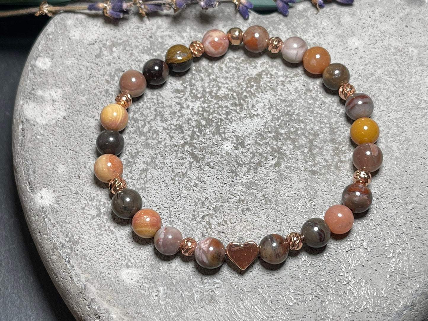 Armband Versteinertes Holz echt 6mm Roségold plated - spirituelles Armband Erdverbundenheit positive Energie - Geschenk Liebe Glück Freundin