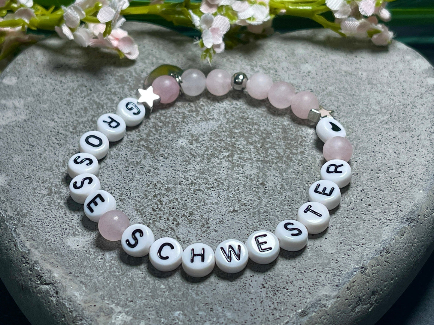 Armband Große Schwester Rosenquarz Sterne platiniert - Geschenk Familie Geburt Geschwisterkind Little Sister - diverse Edelsteine