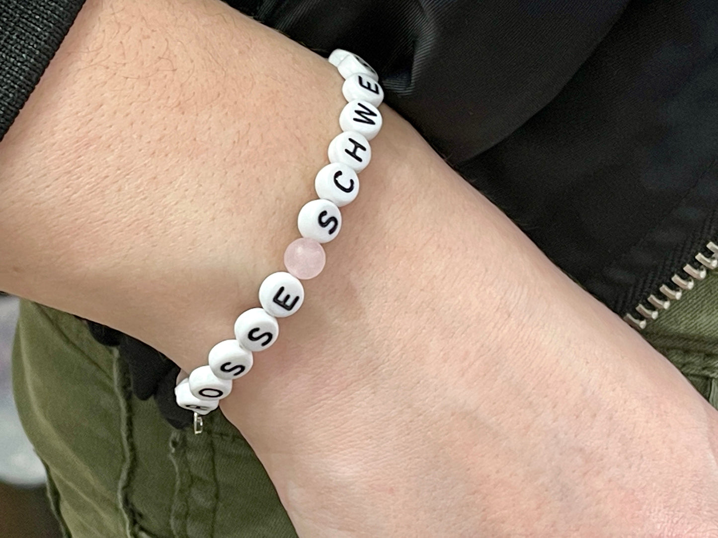 Armband Große Schwester Rosenquarz Sterne platiniert - Geschenk Familie Geburt Geschwisterkind Little Sister - diverse Edelsteine