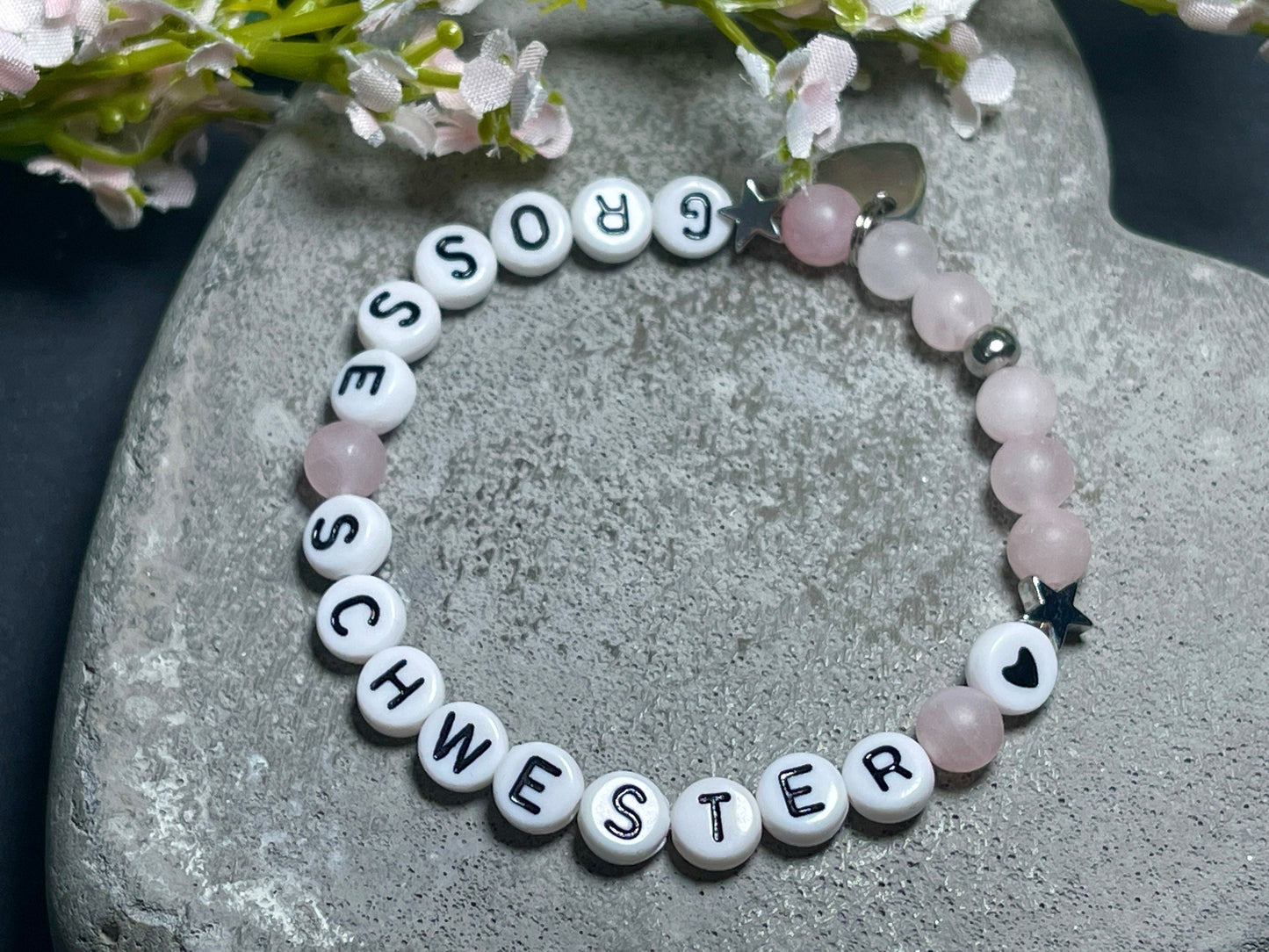 Armband Große Schwester Rosenquarz Sterne platiniert - Geschenk Familie Geburt Geschwisterkind Little Sister - diverse Edelsteine