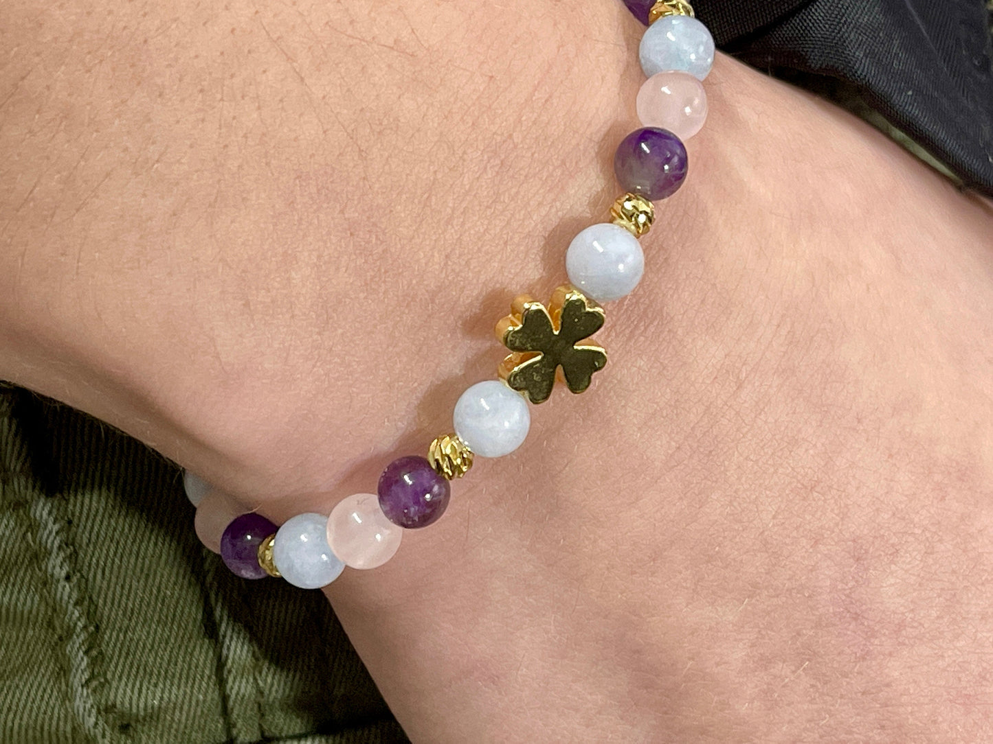 Perlenarmband esoterisch Rosenquarz Amethyst Aquamarin echt Vergoldet - Glücksarmband - spirituelles Armband Innere Ruhe Herzchakra Liebe
