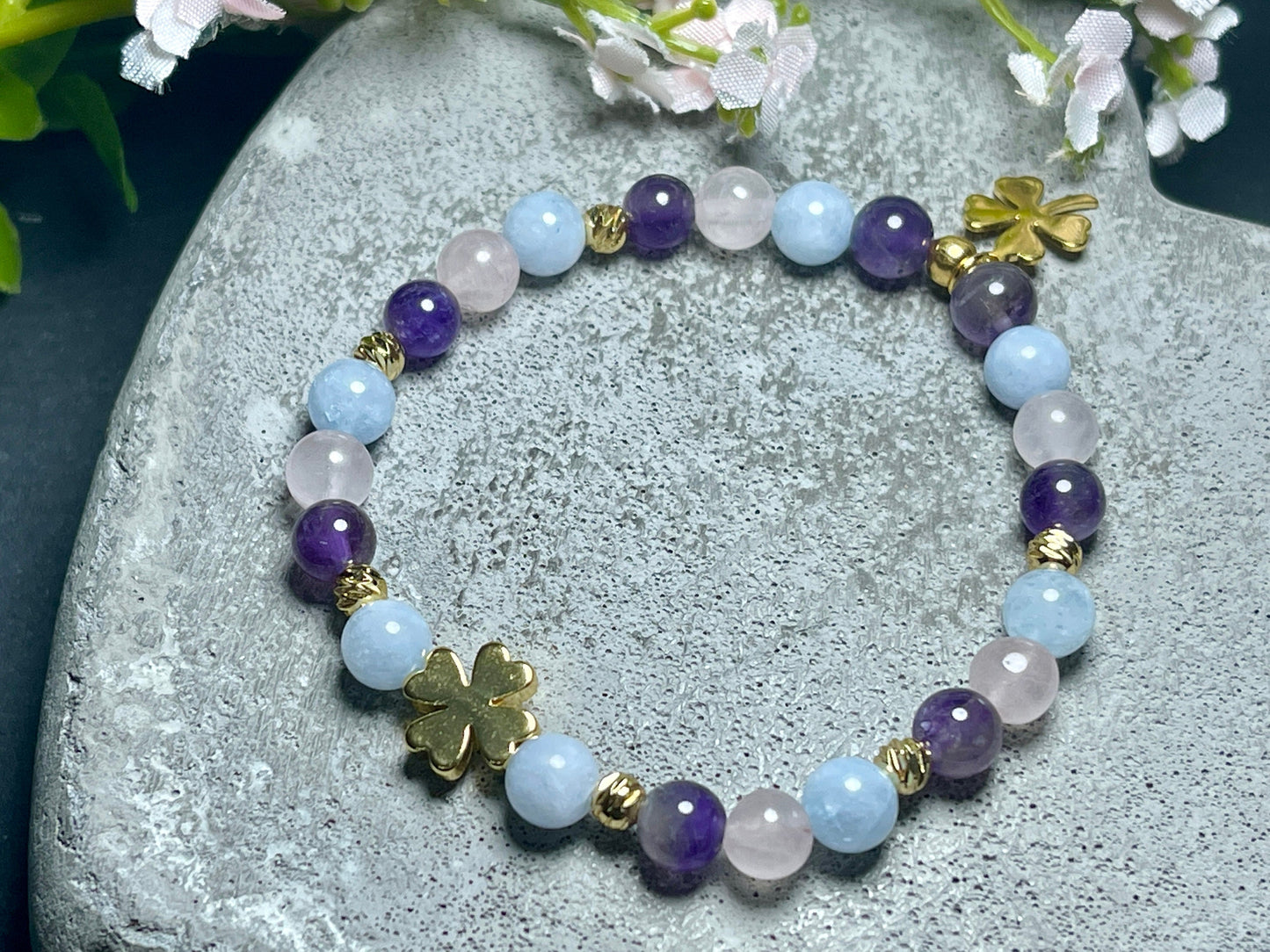 Perlenarmband esoterisch Rosenquarz Amethyst Aquamarin echt Vergoldet - Glücksarmband - spirituelles Armband Innere Ruhe Herzchakra Liebe