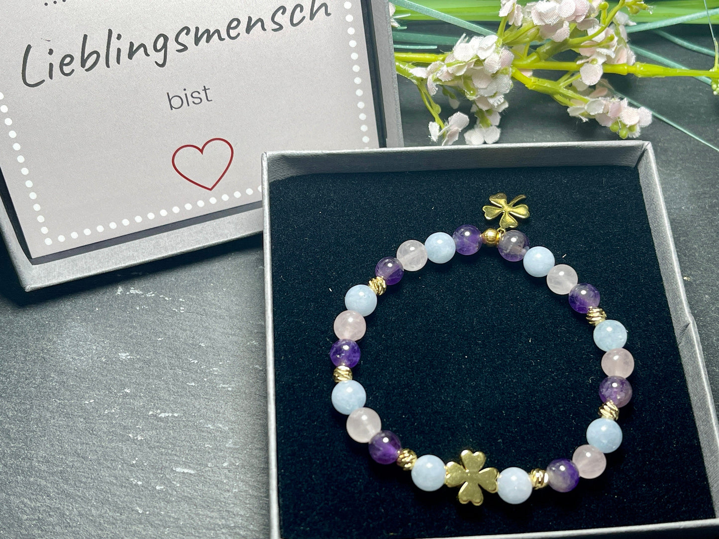 Perlenarmband esoterisch Rosenquarz Amethyst Aquamarin echt Vergoldet - Glücksarmband - spirituelles Armband Innere Ruhe Herzchakra Liebe