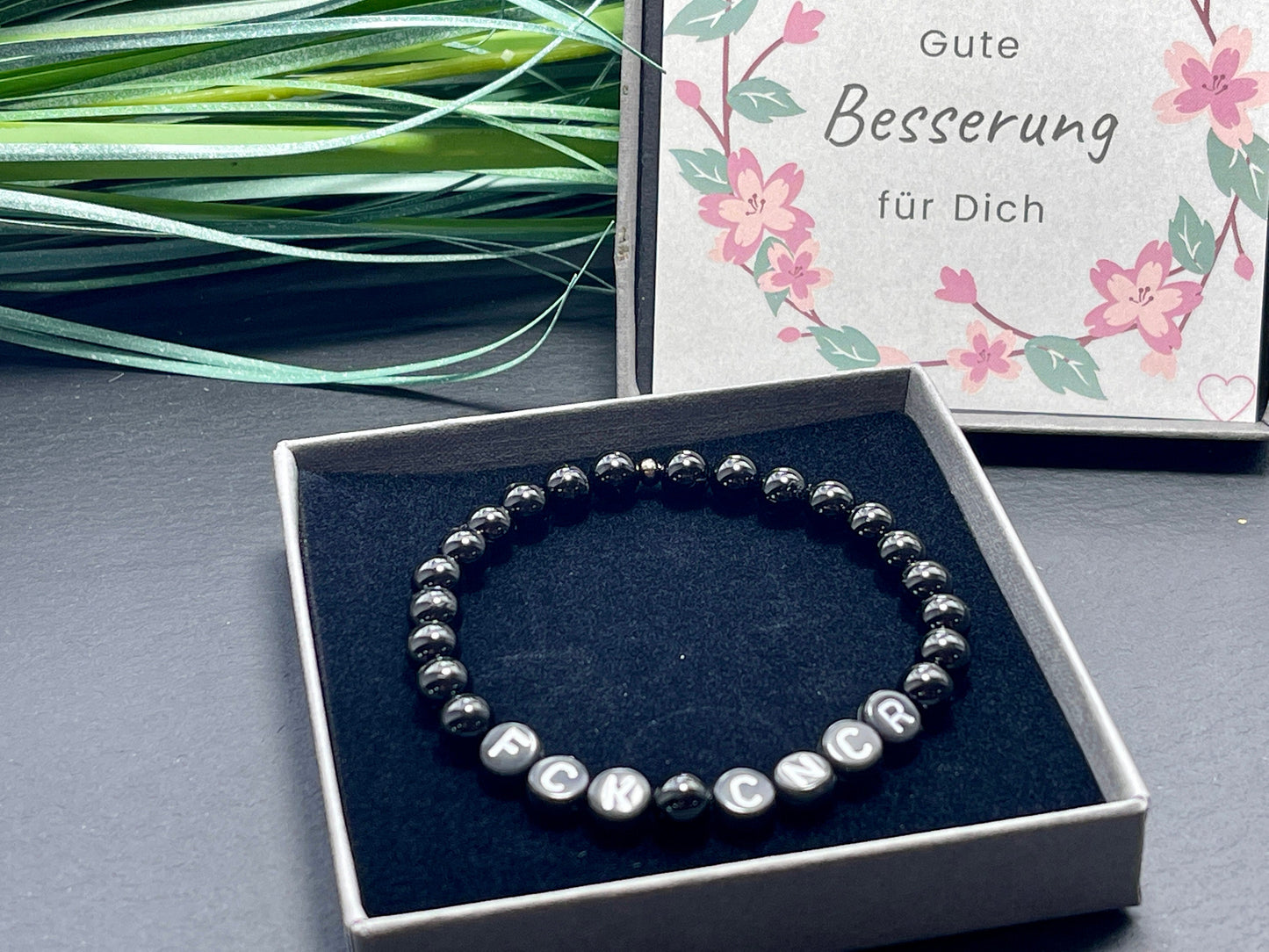 Armband Fuck Cancer Turmalin - Geschenk Aufmunterung Genesung Schutzstein Perlenarmband - Brustkrebs Kraft Stärke Schutz - personalisierbar