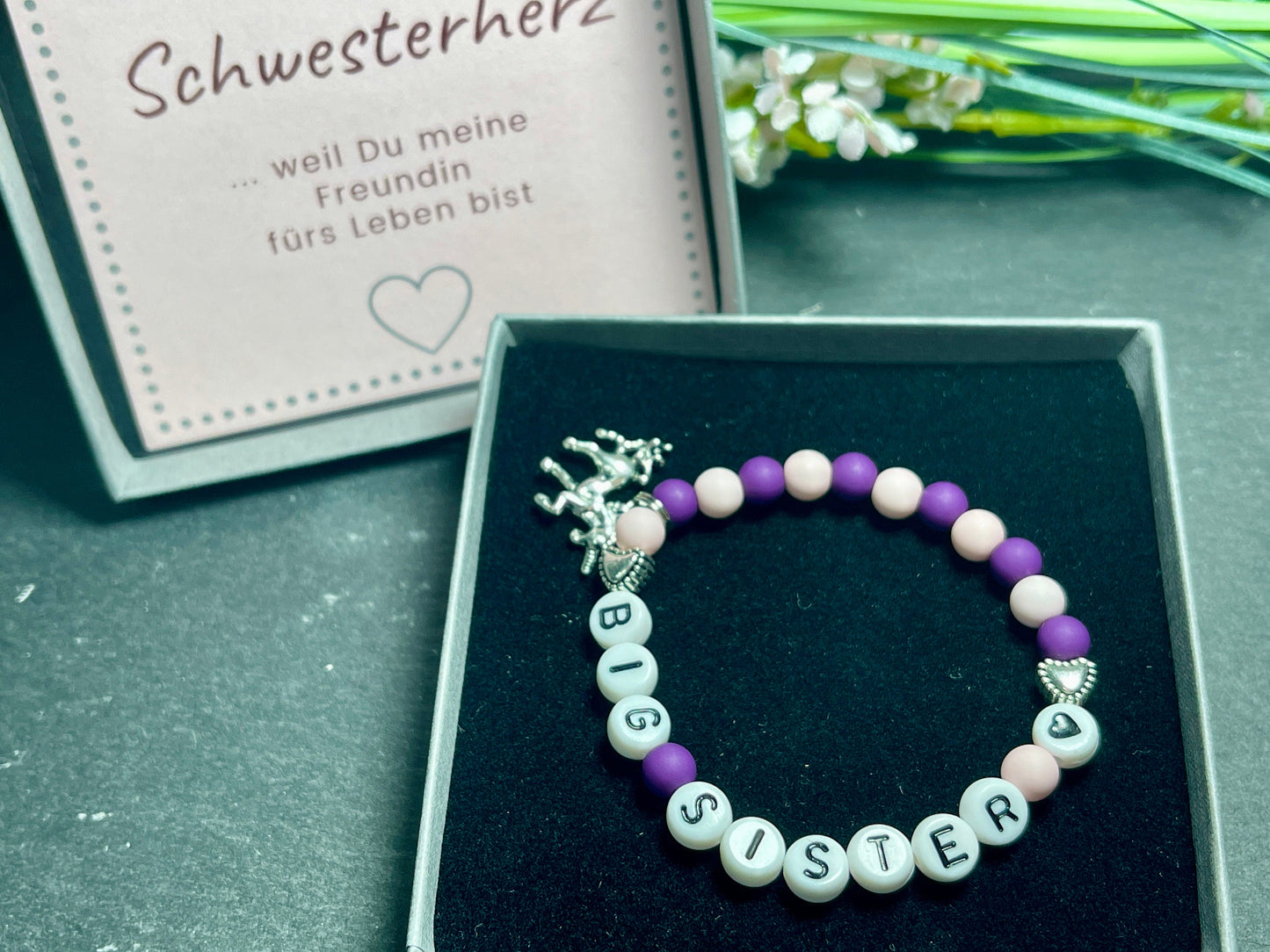 Armband Grosse Schwester Zartrosa & Purple Acryl - Geschenk Schwester kleiner Bruder big Sister Schwesterherz Kinderarmband