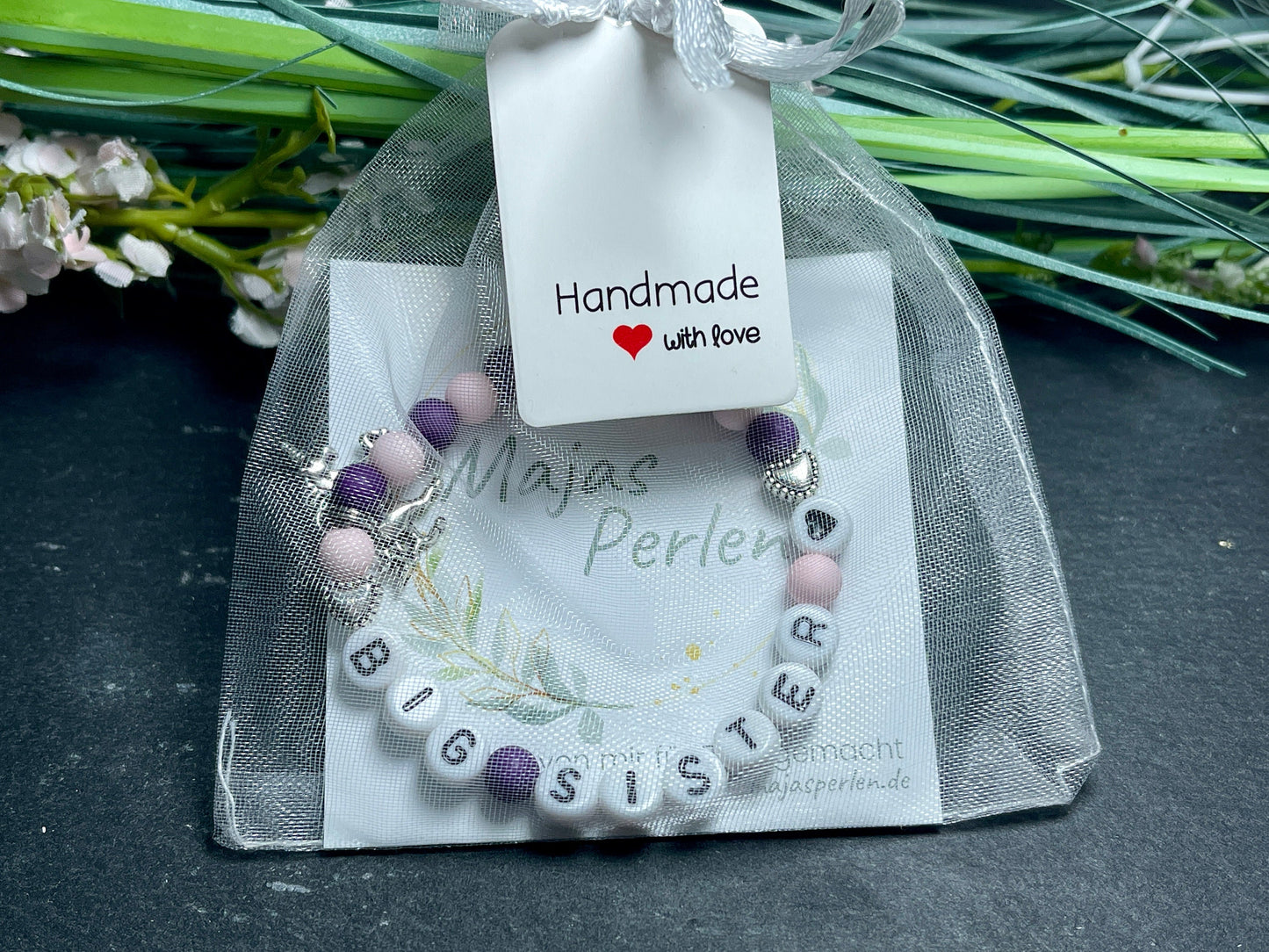 Armband Grosse Schwester Zartrosa & Purple Acryl - Geschenk Schwester kleiner Bruder big Sister Schwesterherz Kinderarmband