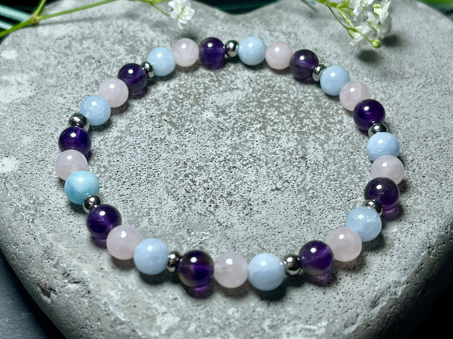 Armband Mix Amethyst Aquamarin Rosenquarz Edelstahl - Perlenarmband Edelsteine echt - Mitgefühl Frieden Selbstbewusstsein