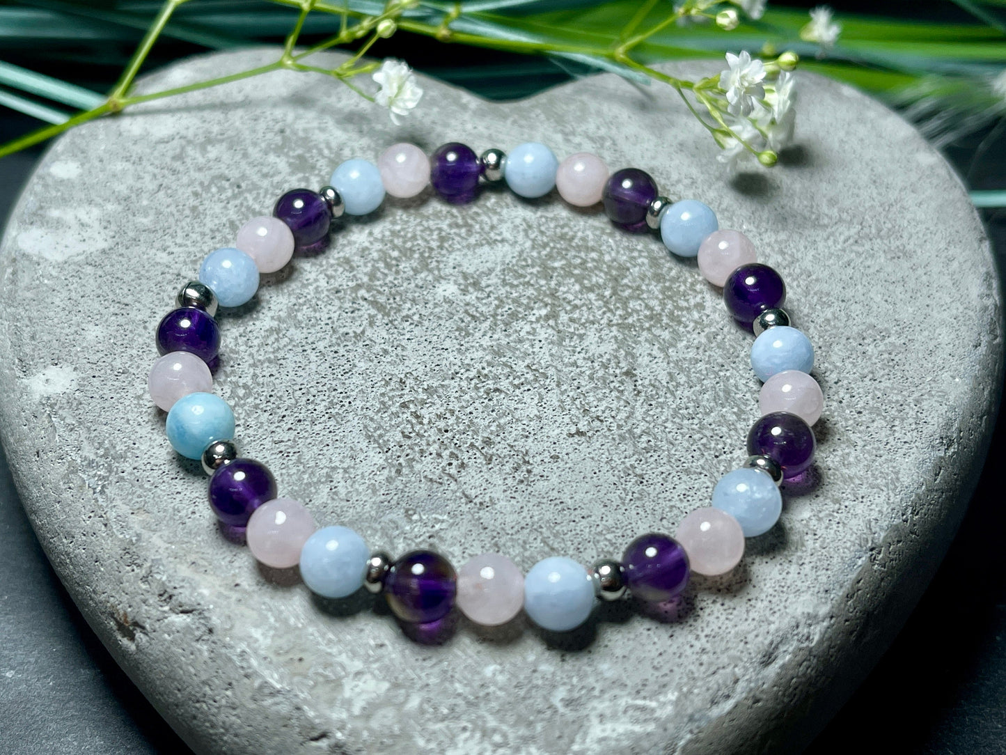 Armband Mix Amethyst Aquamarin Rosenquarz Edelstahl - Perlenarmband Edelsteine echt - Mitgefühl Frieden Selbstbewusstsein