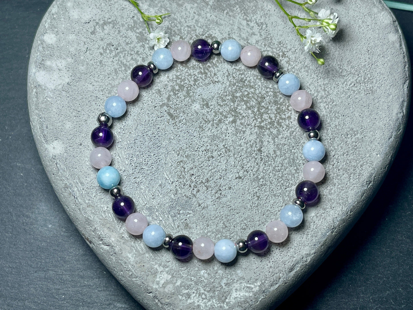 Armband Mix Amethyst Aquamarin Rosenquarz Edelstahl - Perlenarmband Edelsteine echt - Mitgefühl Frieden Selbstbewusstsein