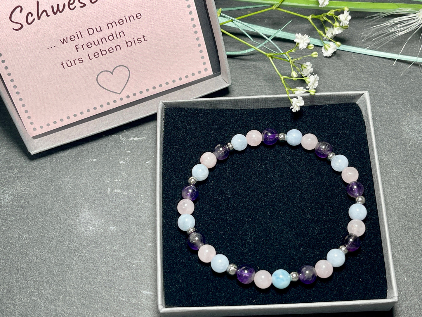 Armband Mix Amethyst Aquamarin Rosenquarz Edelstahl - Perlenarmband Edelsteine echt - Mitgefühl Frieden Selbstbewusstsein