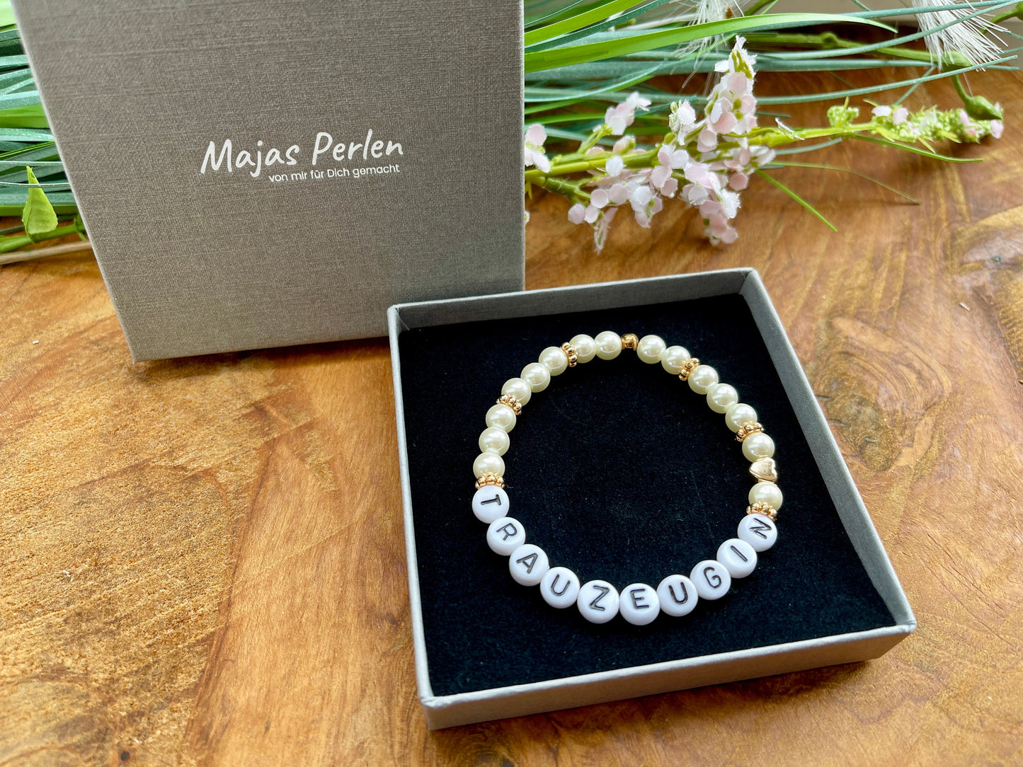 Perlenarmband Trauzeugin gewachste Glasperlen Perlmuttimitat Rosègold - Geschenk Brautmama Brautjungfer Erinnerungsarmband Hochzeit