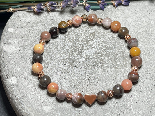 Armband Versteinertes Holz echt 6mm Roségold plated - spirituelles Armband Erdverbundenheit positive Energie - Geschenk Liebe Glück Freundin