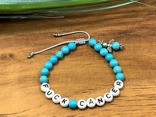 Armband Fuck Cancer Türkis Makramee verstellbar - Glücksarmband Diagnose Krebs Genesungswunsch - Wunschedelstein - personalissierbar