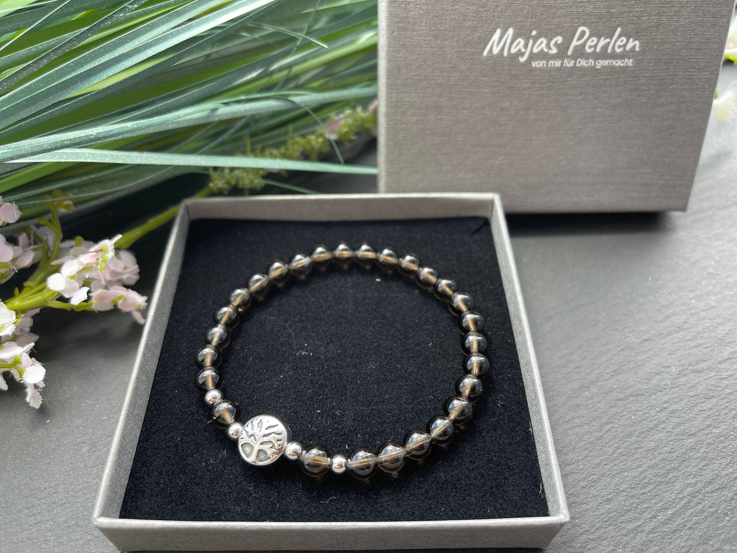 Armband  Rauchquarz Lebensbaum Edelstahl Silber oder Gold - Perlenarmband für Kraft Lebensfreude Positive Gedanken - Spiritueller Schmuck