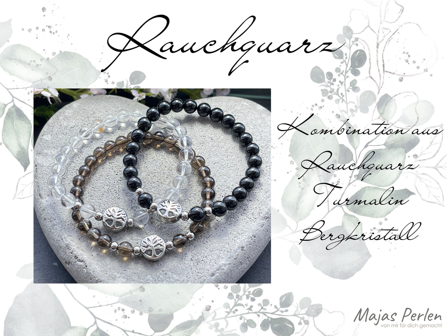 Armband  Rauchquarz Lebensbaum Edelstahl Silber oder Gold - Perlenarmband für Kraft Lebensfreude Positive Gedanken - Spiritueller Schmuck