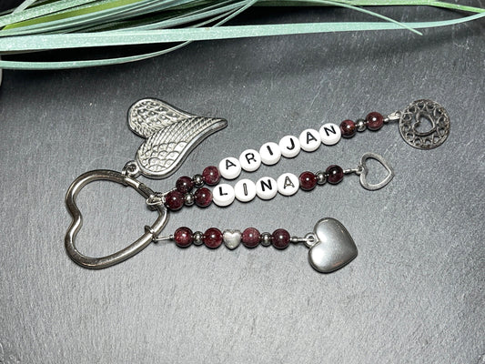 Schlüsselanhänger Perlen bis 5 Namen Granat echt - Geschenk Mama Oma Tante Liebe Geburt Familie - viele Edelsteine - personalisierbar