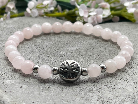 Armband Rosenquarz Lebensbaum Edelstahl Silber oder Gold - Perlenarmband für Liebe Romantik Freundschaft - Spiritueller Schmuck