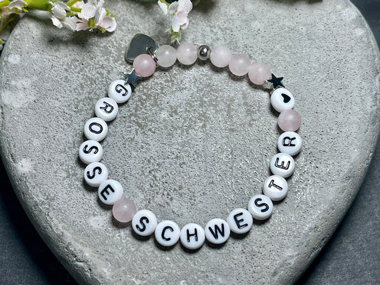 Armband Große Schwester Rosenquarz Sterne platiniert - Geschenk Familie Geburt Geschwisterkind Little Sister - diverse Edelsteine