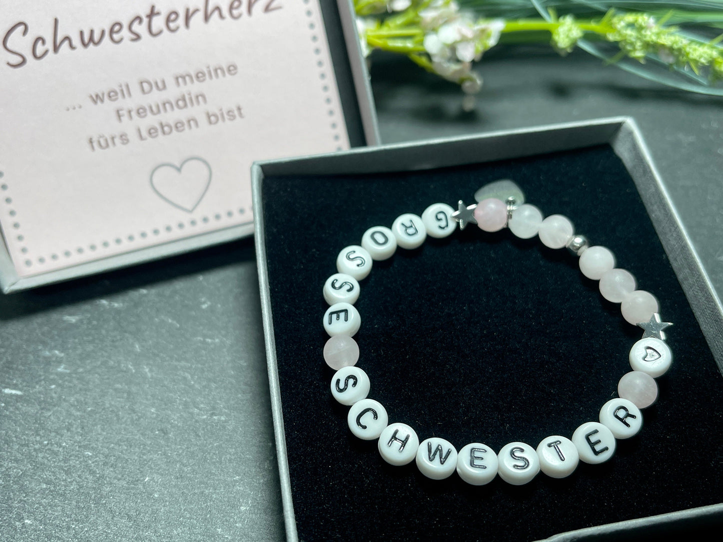 Armband Große Schwester Rosenquarz Sterne platiniert - Geschenk Familie Geburt Geschwisterkind Little Sister - diverse Edelsteine