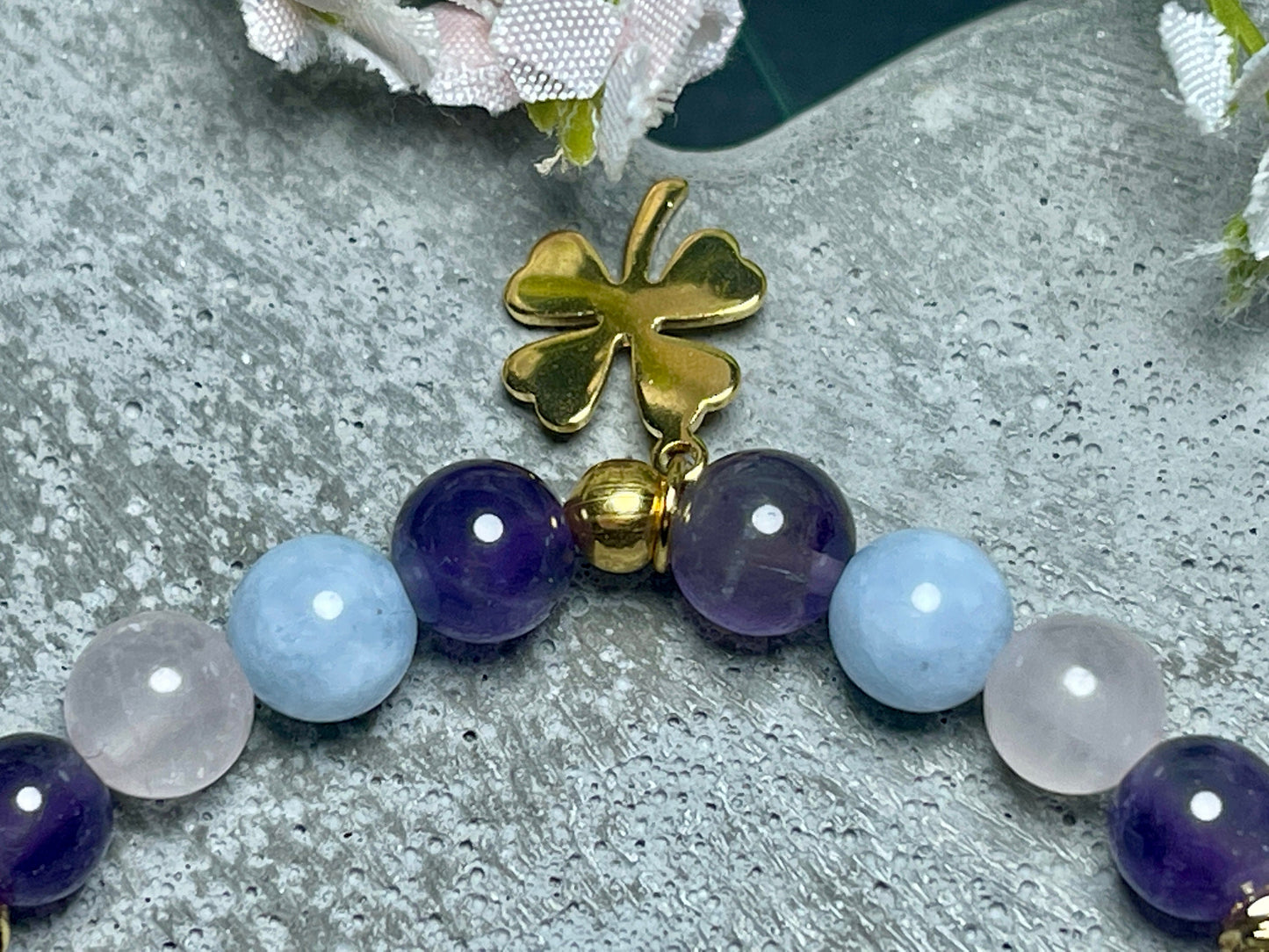 Perlenarmband esoterisch Rosenquarz Amethyst Aquamarin echt Vergoldet - Glücksarmband - spirituelles Armband Innere Ruhe Herzchakra Liebe