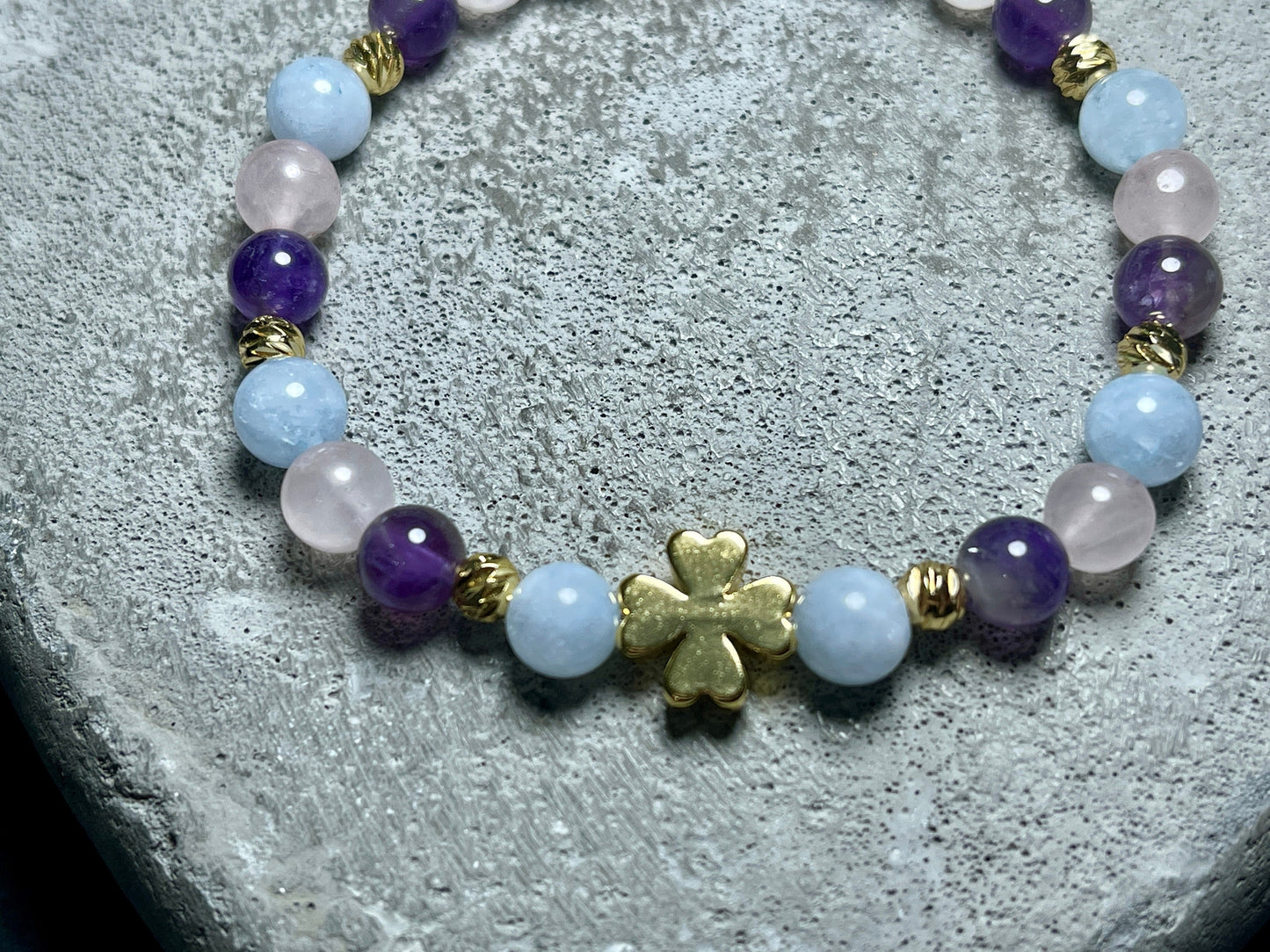 Perlenarmband esoterisch Rosenquarz Amethyst Aquamarin echt Vergoldet - Glücksarmband - spirituelles Armband Innere Ruhe Herzchakra Liebe