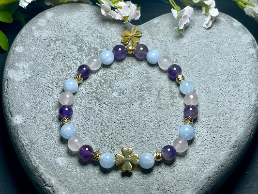 Perlenarmband esoterisch Rosenquarz Amethyst Aquamarin echt Vergoldet - Glücksarmband - spirituelles Armband Innere Ruhe Herzchakra Liebe