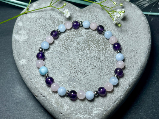 Armband Mix Amethyst Aquamarin Rosenquarz Edelstahl - Perlenarmband Edelsteine echt - Mitgefühl Frieden Selbstbewusstsein