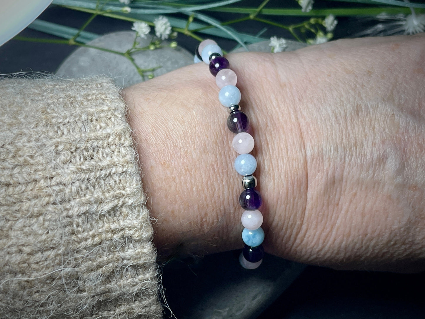Armband Mix Amethyst Aquamarin Rosenquarz Edelstahl - Perlenarmband Edelsteine echt - Mitgefühl Frieden Selbstbewusstsein