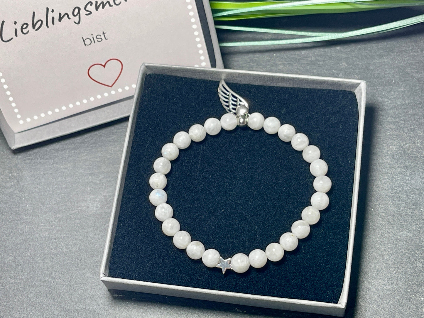 Perlenarmband Mondstein echt Stern platiniert - echte Natursteine - Geschenk Mama Liebe Freundin Lieblingsmensch - personalisierbar
