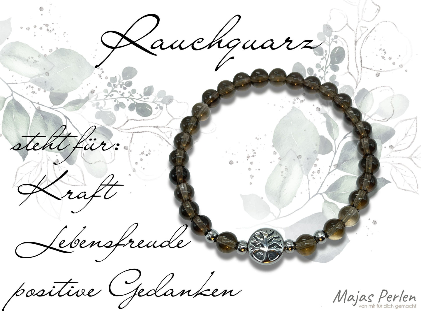 Armband  Rauchquarz Lebensbaum Edelstahl Silber oder Gold - Perlenarmband für Kraft Lebensfreude Positive Gedanken - Spiritueller Schmuck