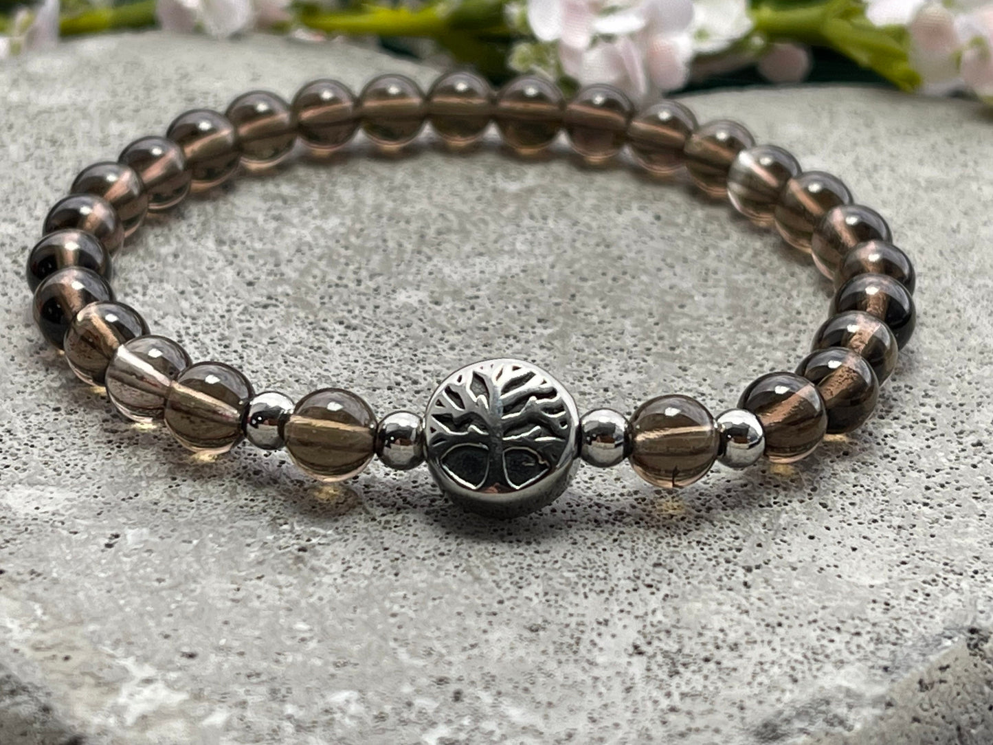 Armband  Rauchquarz Lebensbaum Edelstahl Silber oder Gold - Perlenarmband für Kraft Lebensfreude Positive Gedanken - Spiritueller Schmuck