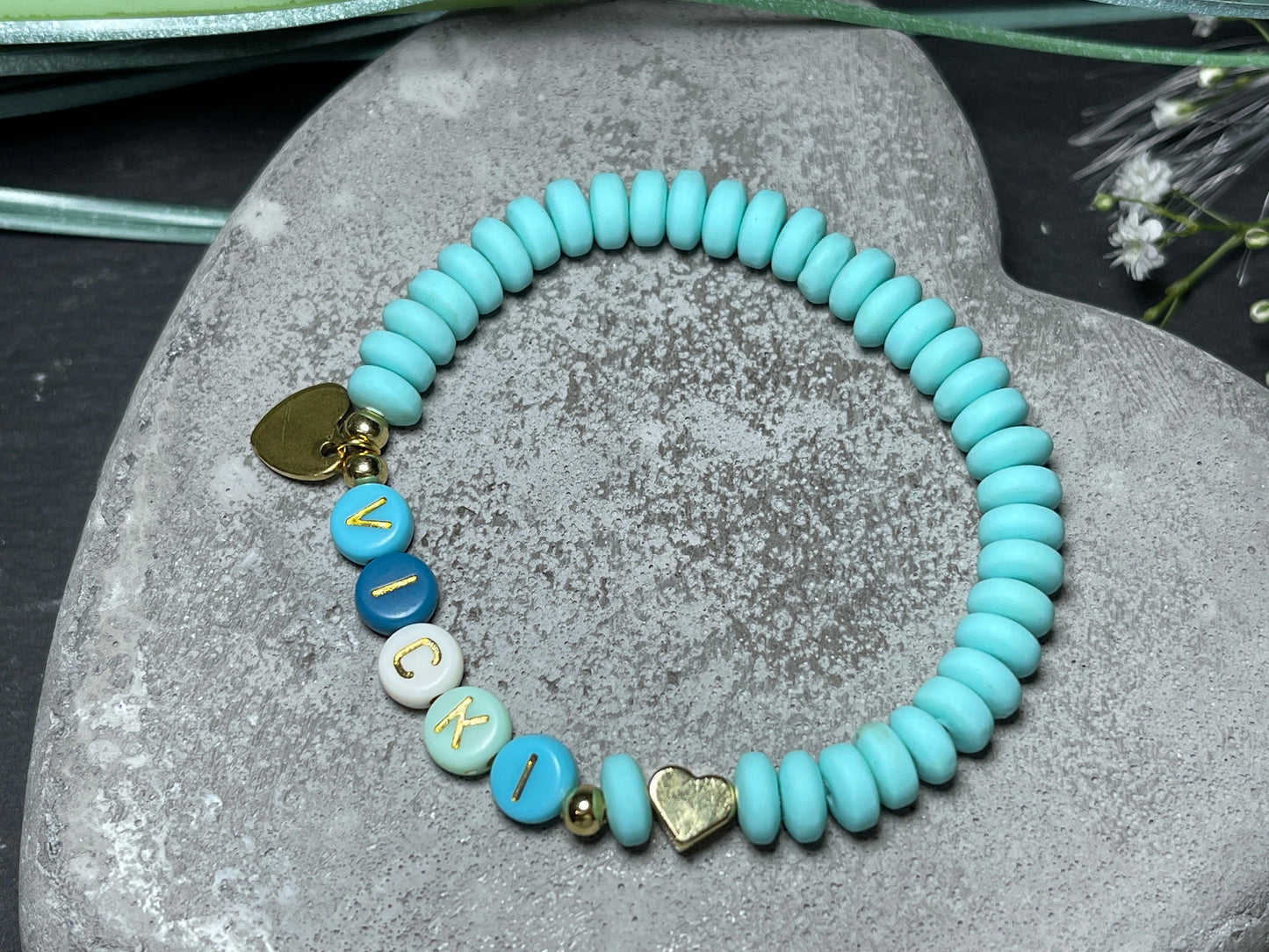 Namensarmband Katsuki Türkis Candy Gold- Größe 12 cm bis 20 cm- viele Farben- Geschenk für Mädchen Junge Kind Kinderarmband Freundschaft