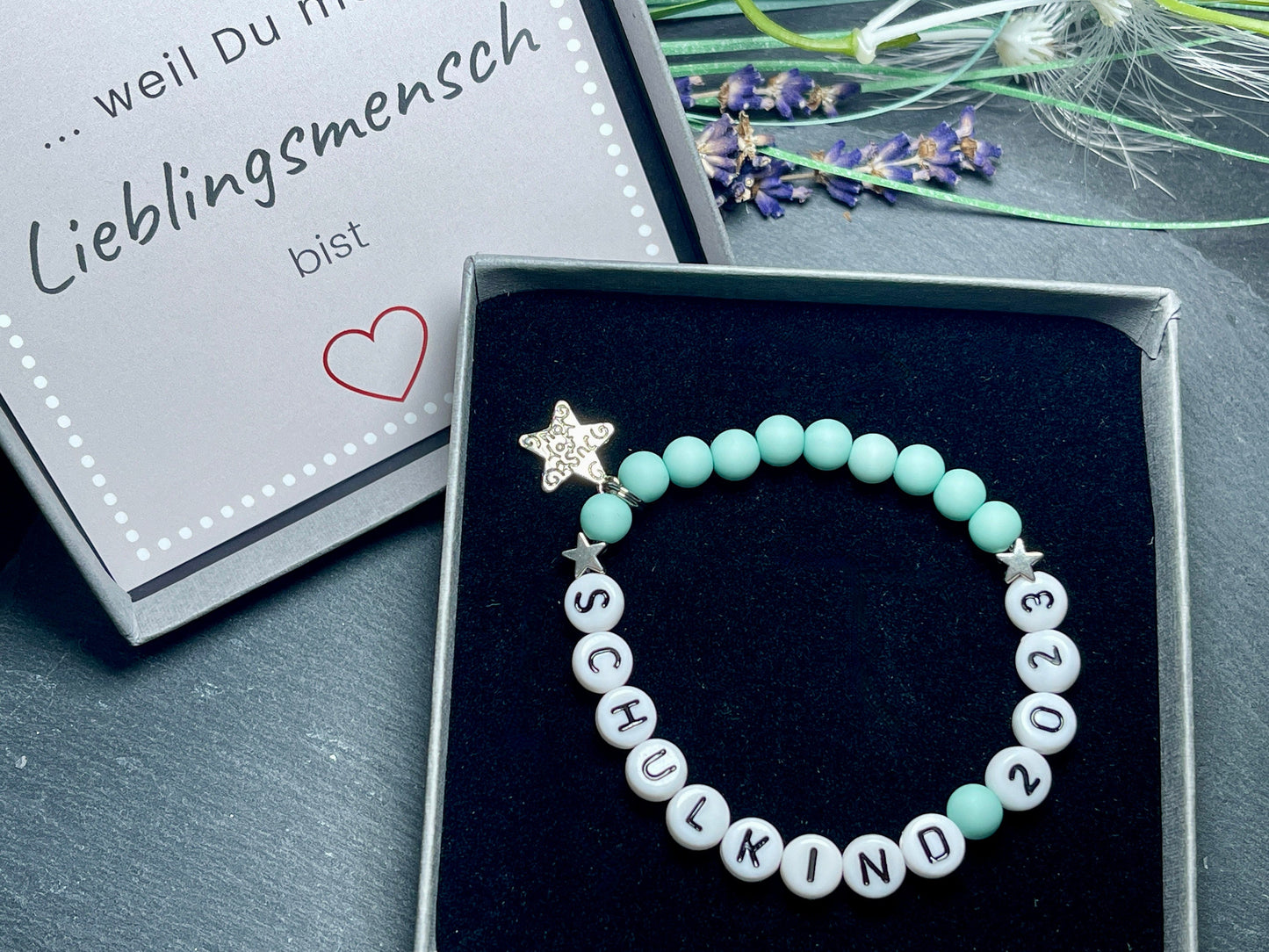Armband Schulkind Türkis Acryl - Geschenk Schulanfang Junge oder Mädchen Glücksbringer erster Schultag - viele Farben - personalisierbar