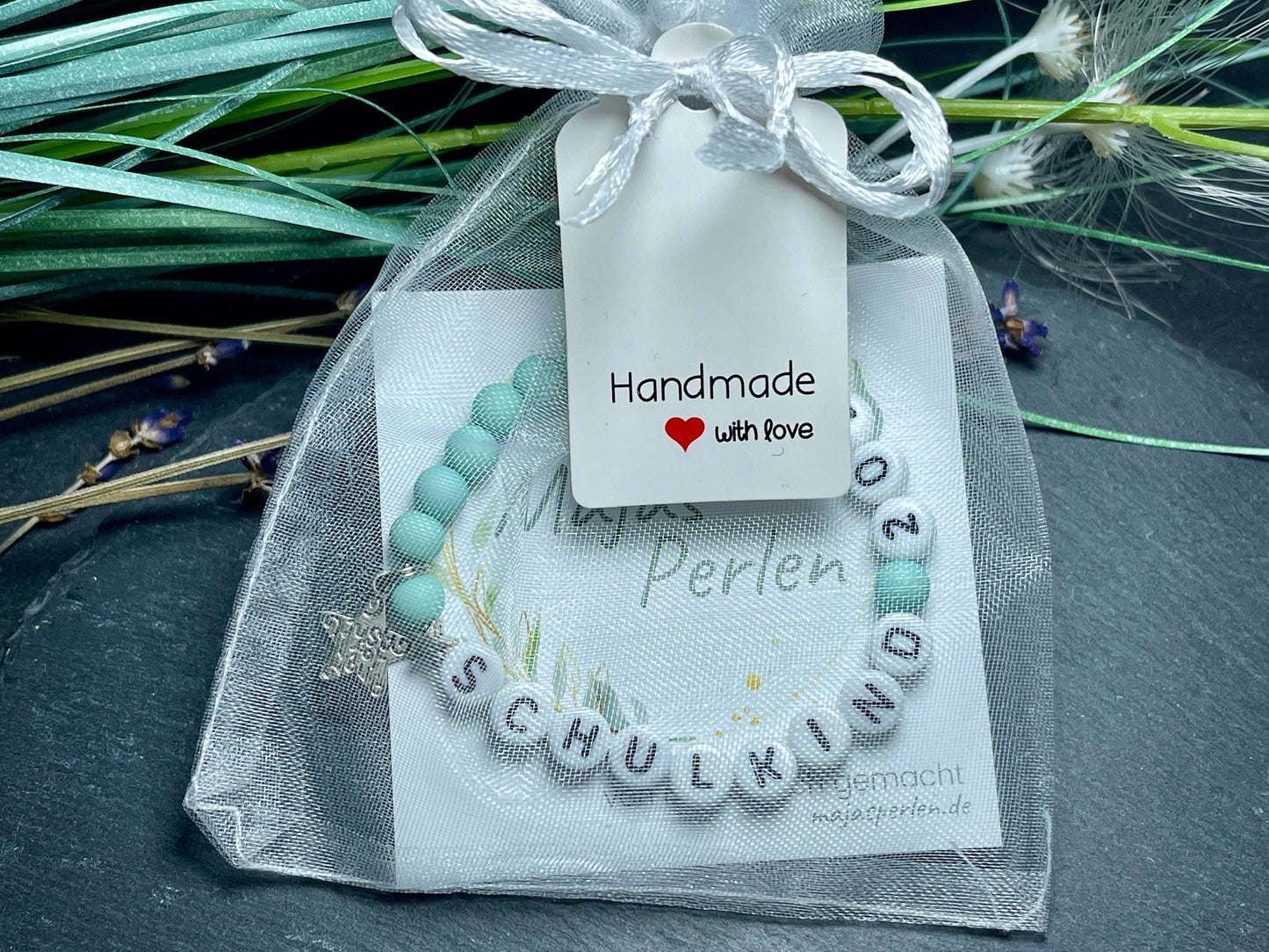 Armband Schulkind Türkis Acryl - Geschenk Schulanfang Junge oder Mädchen Glücksbringer erster Schultag - viele Farben - personalisierbar