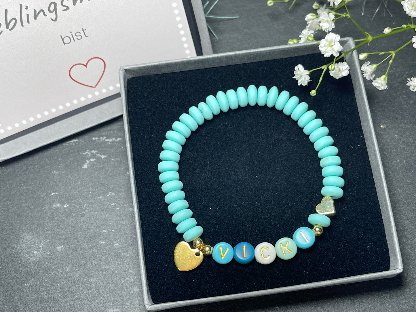 Namensarmband Katsuki Türkis Candy Gold- Größe 12 cm bis 20 cm- viele Farben- Geschenk für Mädchen Junge Kind Kinderarmband Freundschaft