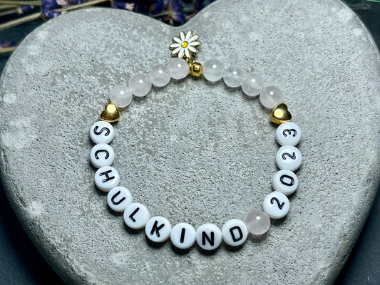 Perlenarmband Schulkind Rosenquarz Gold - Glücksbringer Armband erster Schultag Mädchen Einschulung - viele Edelsteine - personalisierbar