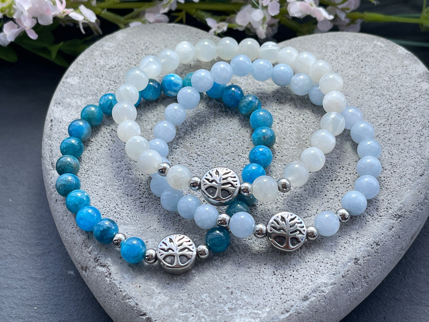 Armband Aquamarin Lebensbaum Edelstahl Silber oder Gold - Perlenarmband für Selbstbewusstsein Glück Liebe - Spiritueller Schmuck unisex
