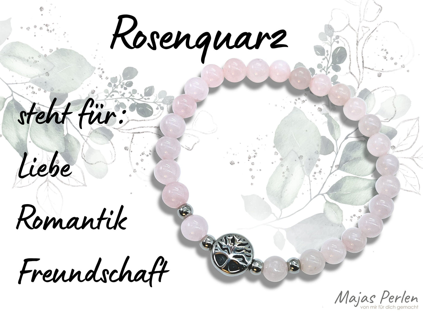Armband Rosenquarz Lebensbaum Edelstahl Silber oder Gold - Perlenarmband für Liebe Romantik Freundschaft - Spiritueller Schmuck