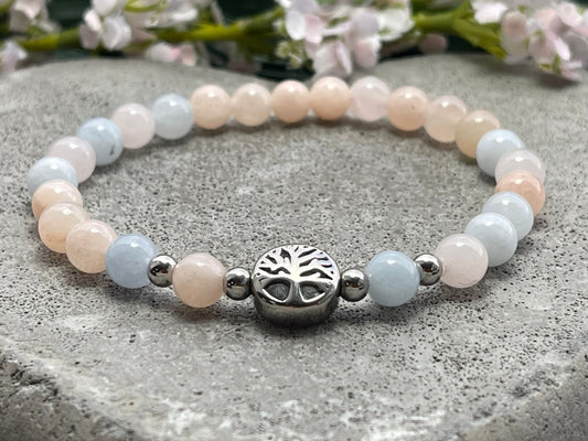Armband Morganit Lebensbaum Edelstahl Silber oder Gold - Perlenarmband für Gelassenheit mentale Ruhe Vertrauen - Spiritueller Schmuck