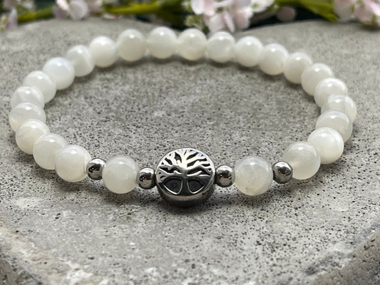 Armband Mondstein Lebensbaum Edelstahl Silber oder Gold - Perlenarmband für Sensibilität Fruchtbarkeit Weiblichkeit - Spiritueller Schmuck