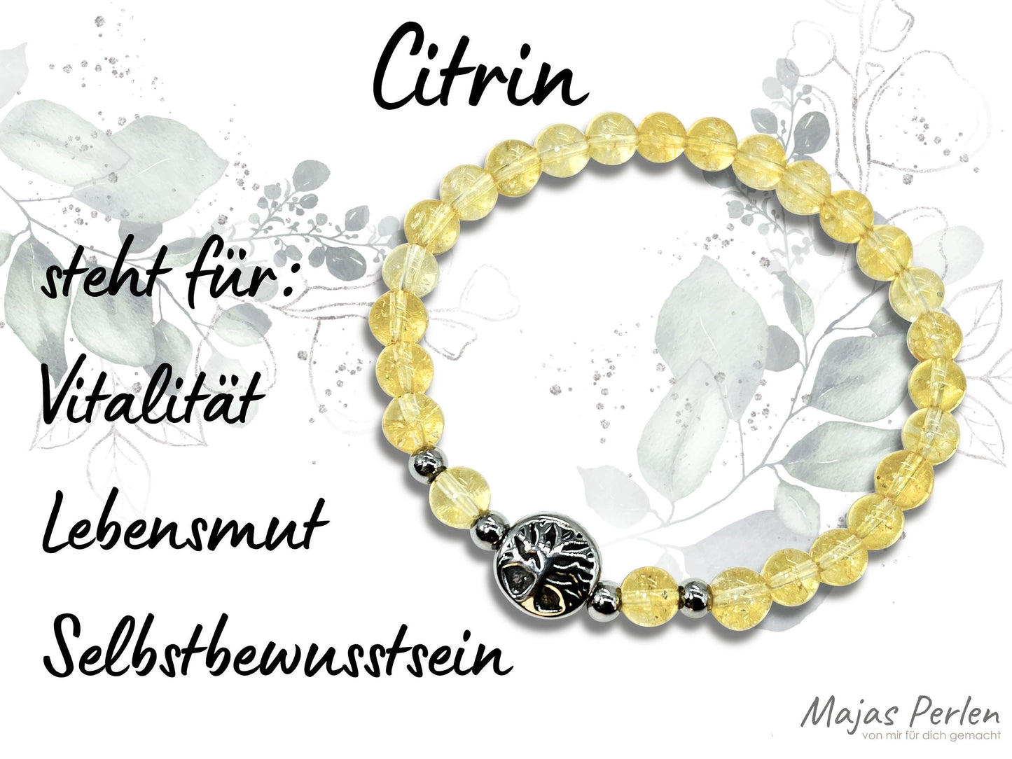 Armband Citrin Lebensbaum Edelstahl Silber oder Gold - Perlenarmband für Vitalität Lebensmut Selbstbewusstsein - Spiritueller Schmuck