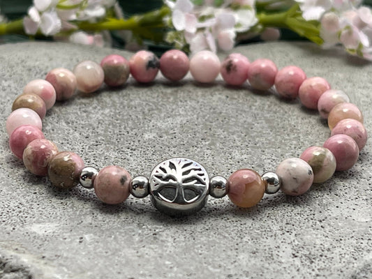 Armband Rhodonit Lebensbaum Edelstahl Silber oder Gold - Perlenarmband für Verzeihen Optimismus Begeisterung - Spiritueller Schmuck unisex