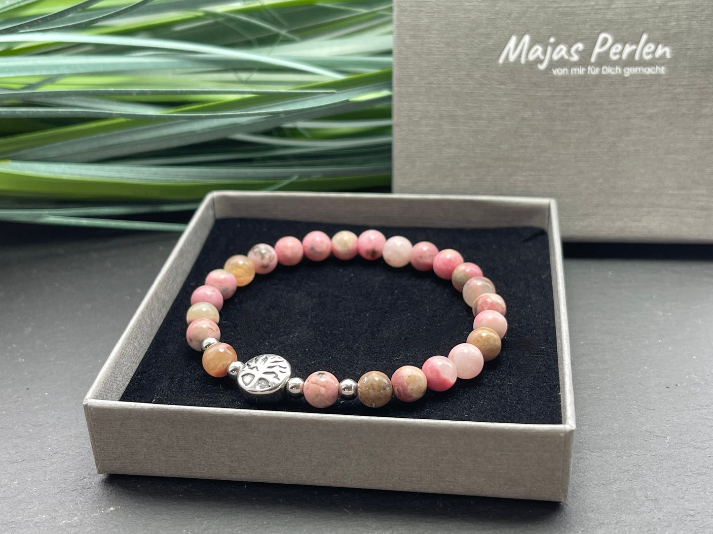 Armband Rhodonit Lebensbaum Edelstahl Silber oder Gold - Perlenarmband für Verzeihen Optimismus Begeisterung - Spiritueller Schmuck unisex