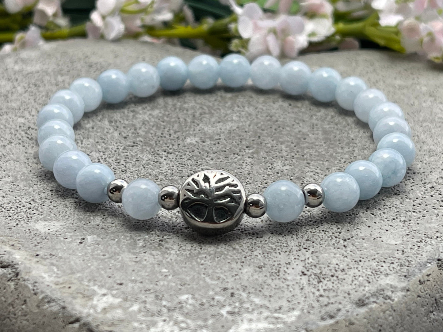 Armband Aquamarin Lebensbaum Edelstahl Silber oder Gold - Perlenarmband für Selbstbewusstsein Glück Liebe - Spiritueller Schmuck unisex